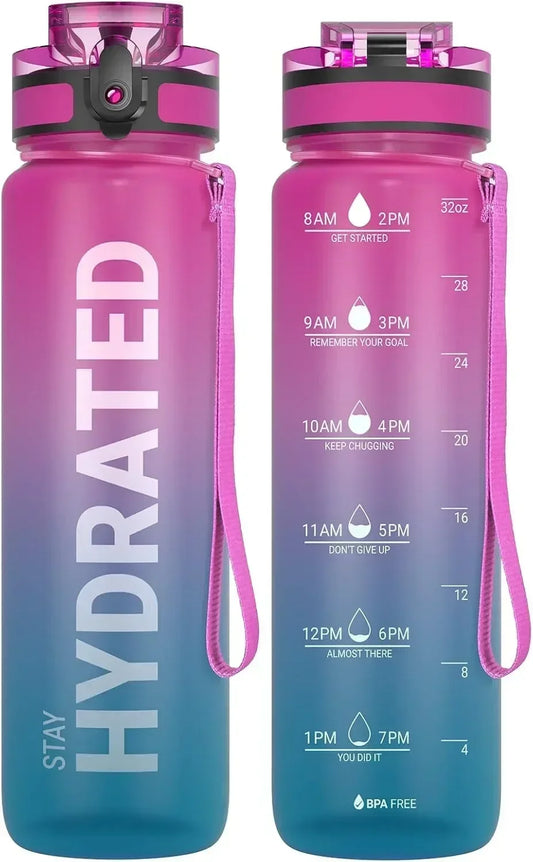 Side angle of the water bottle showing motivational time markings and ergonomic shape