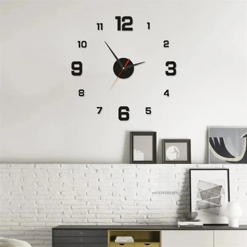 3D acrylic mirror wall clock displayed in an office, perfect for modern home and workspace decoration.