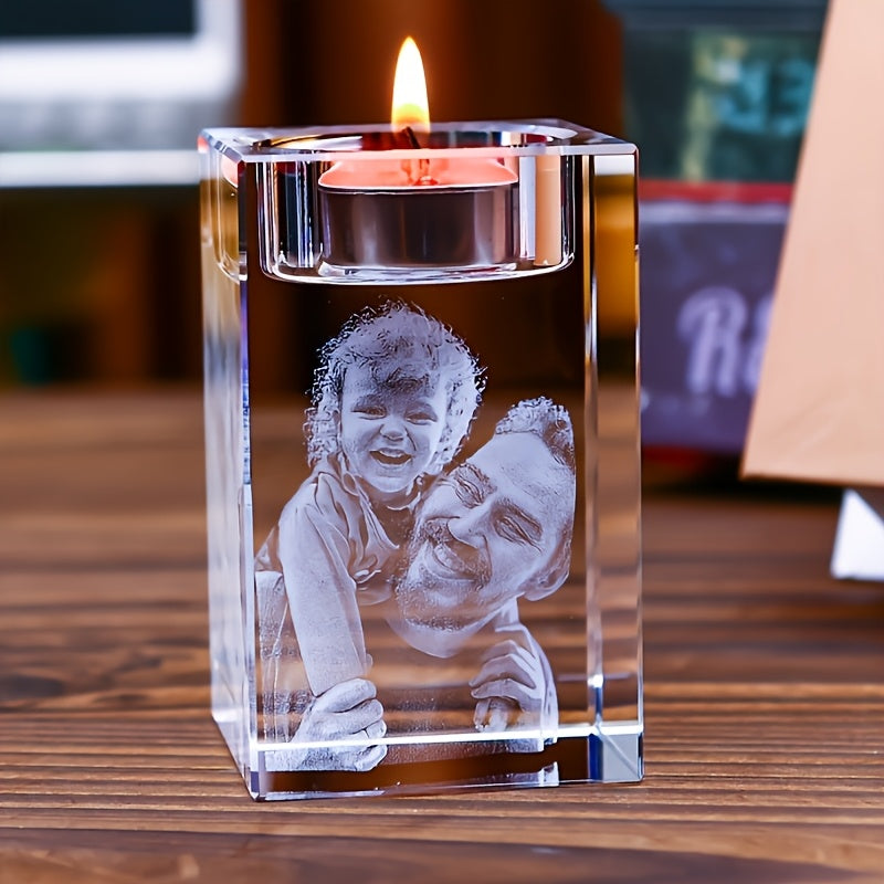 Front view of personalized 3D engraved glass candle holder with custom photo