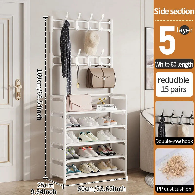 Step-by-step assembly of the multi-tier shoe rack, showing how easy it is to set up.