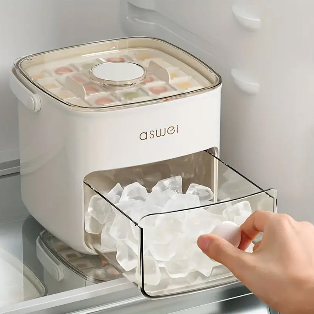 The Asuwei 48-cube ice maker tray features a sleek, double-layer design with a secure lid, ideal for neat and efficient ice storage in your freezer.
