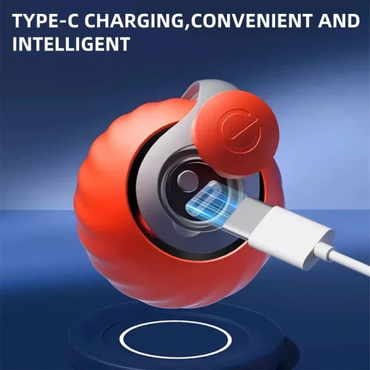 Close-up of the smart cat toy ball showing self-moving mechanism and feather teaser for interactive play.