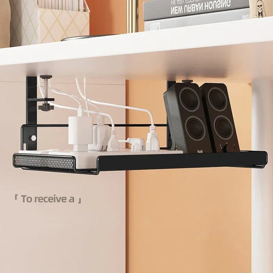 Sleek under desk cable organizer tray for hiding cables and power cords, perfect for a clean and clutter-free desk setup.