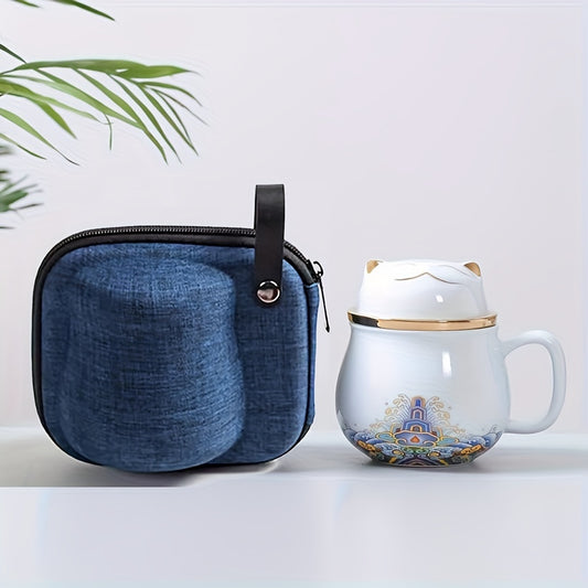 Ceramic tea mug with removable infuser for loose-leaf tea, featuring Chinese Fortune Cat design.