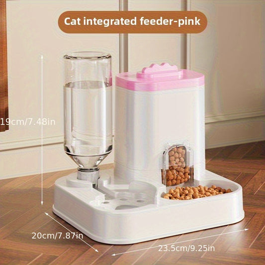 Detailed view of the dispenser’s high-quality spout and integrated food bowl, highlighting the durable, easy-to-clean plastic material.