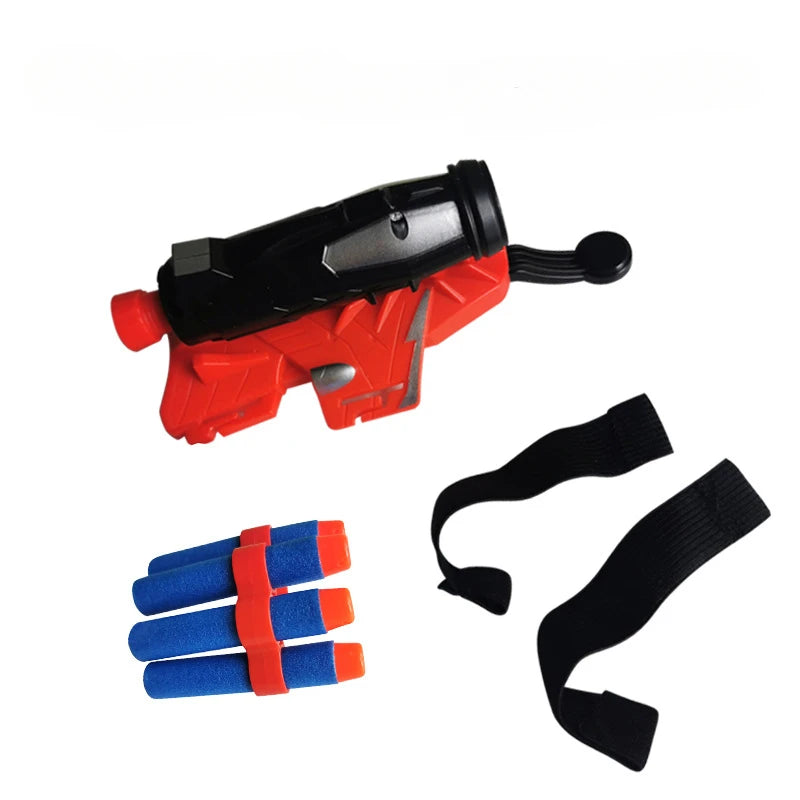 Full set of wrist-mounted soft bullet toy launcher with glove, soft bullets, and spray effect.