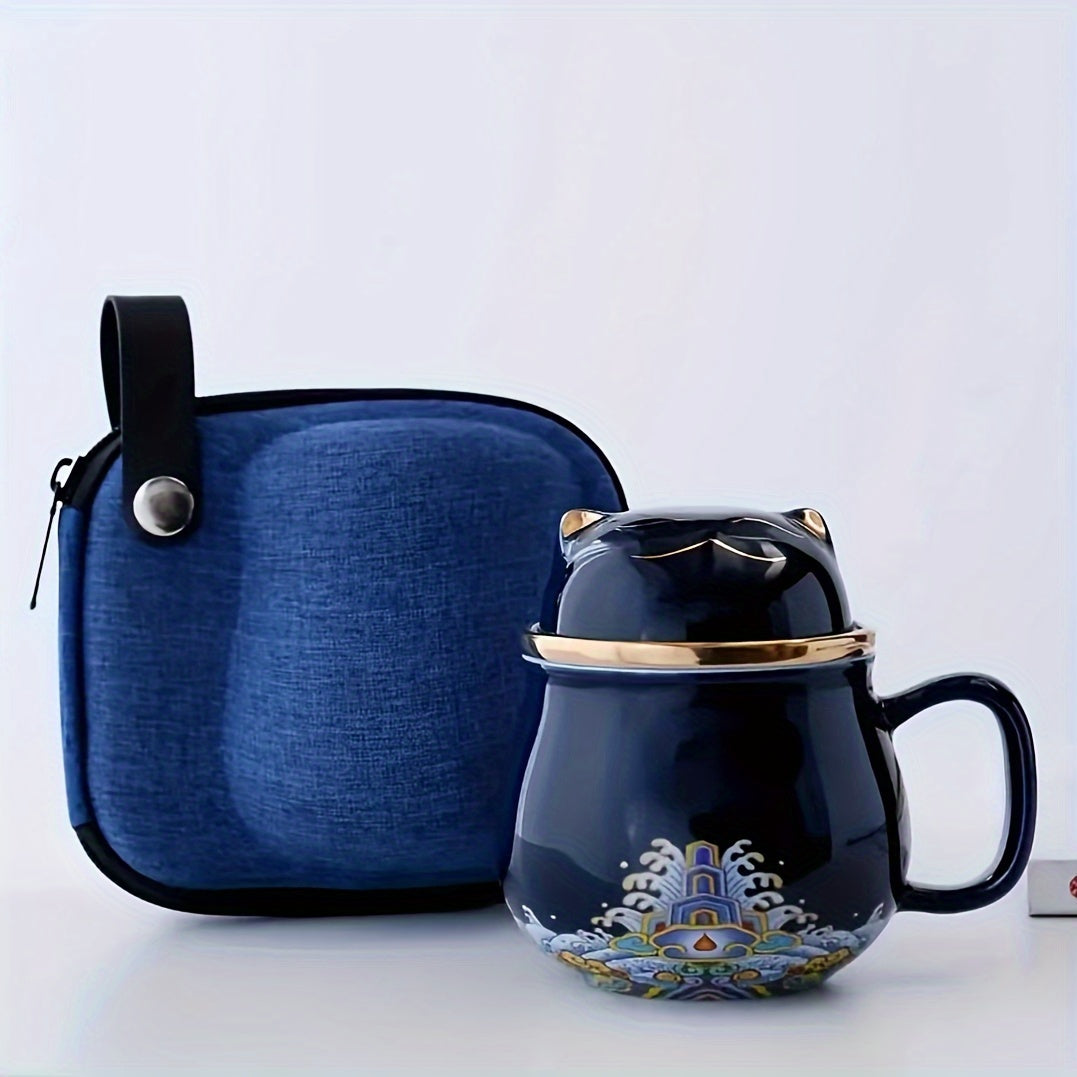 Chinese Fortune Cat ceramic tea mug set with infuser, lid, and travel bag, perfect gift for tea lovers.
