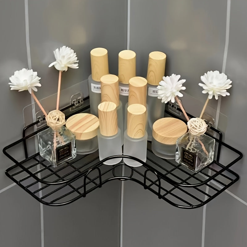 Lifestyle image showing the corner shower rack installed in a bathroom, efficiently storing shampoo, toner, and cosmetics while saving space.