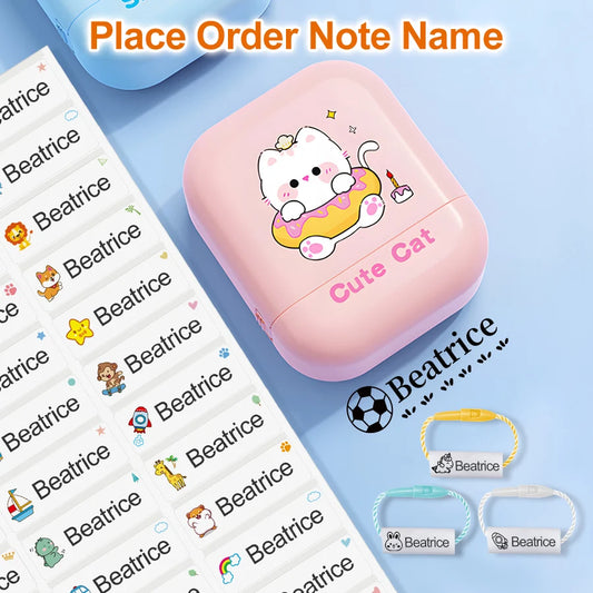 Personalized name stamp with durable storage box for school supplies.