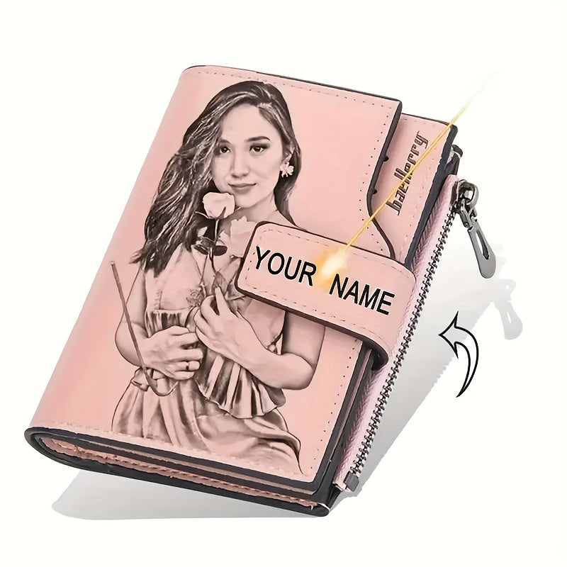 Elegant pink women’s wallet featuring a beautiful floral pattern, customizable with your engraved name and personal photo. Includes multiple card slots, a spacious compartment, and a smooth zipper for secure storage — a perfect personalized gift for birthdays, anniversaries, Mother’s Day, or Valentine’s Day.