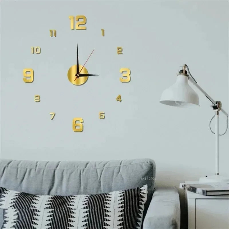 3D acrylic mirror wall clock installed in a living room, adding a stylish and modern statement piece