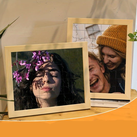 Enjoy the interactive fun of assembling your own photo with precision-cut puzzle pieces that fit perfectly into a sleek wooden frame.