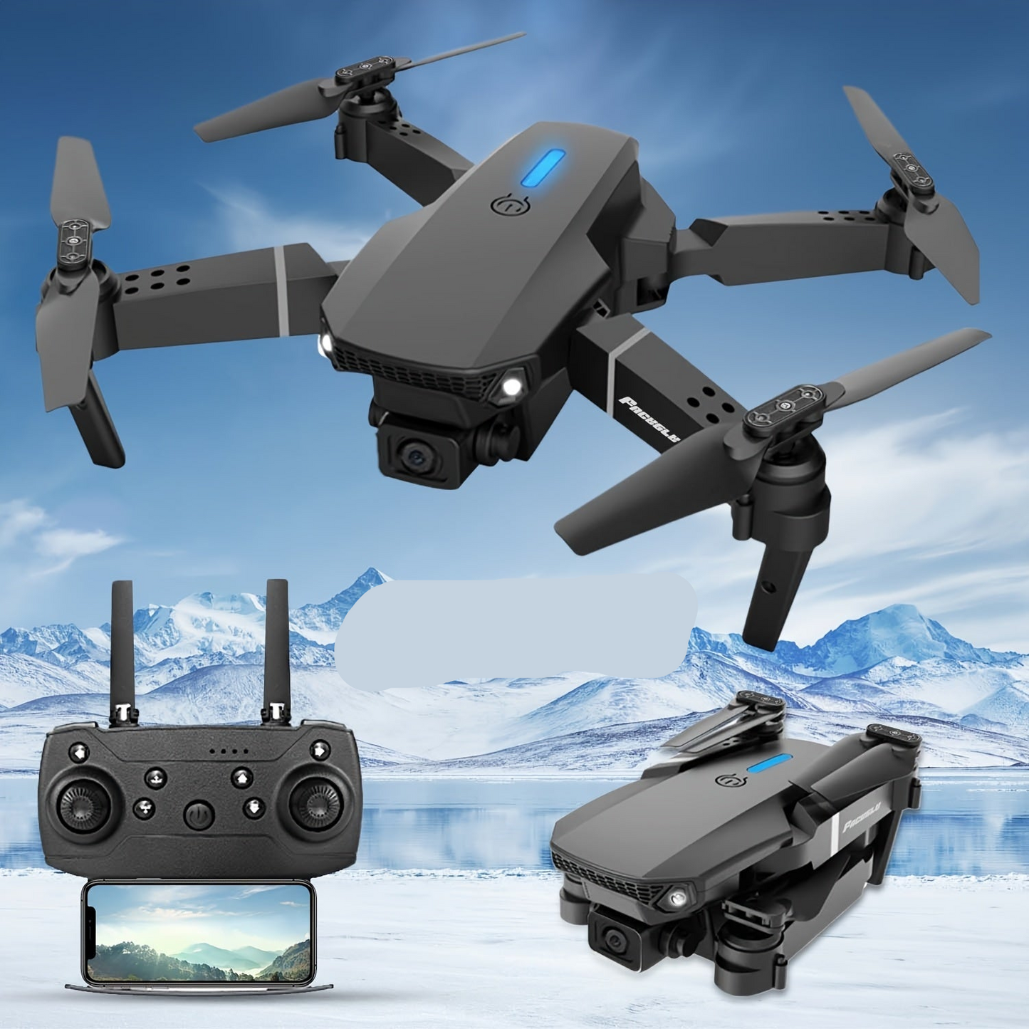 Black drone with remote control and additional battery