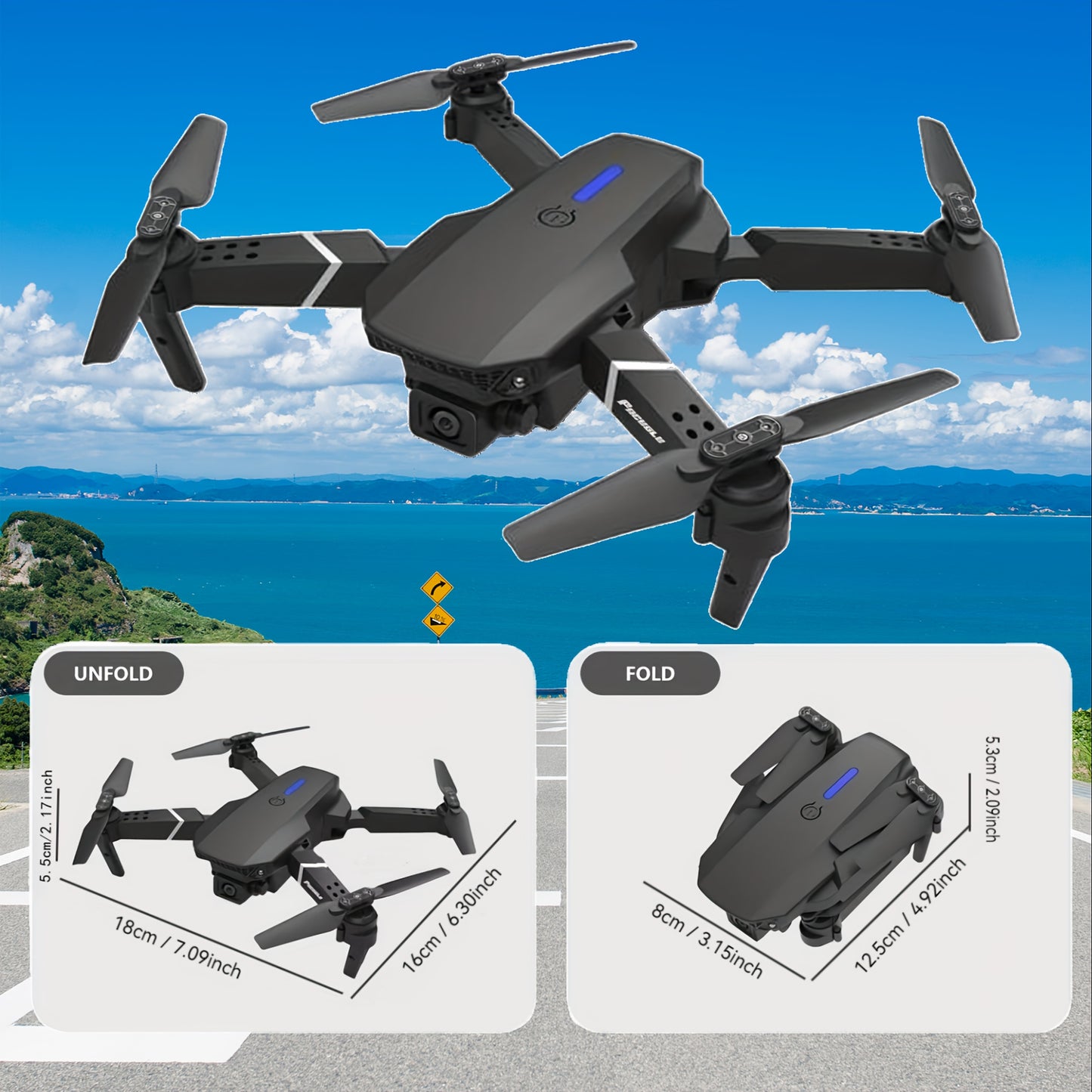 Equipped with dual cameras and Wi-Fi app control, the E88 lets you switch views in real-time for immersive aerial photography and video.
