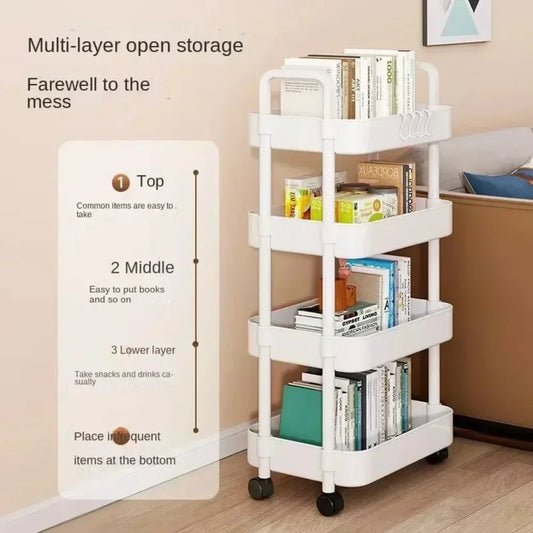 Close-up of the mobile storage trolley showing its smooth rolling wheels and multi-layered storage design, ideal for space-saving organization.