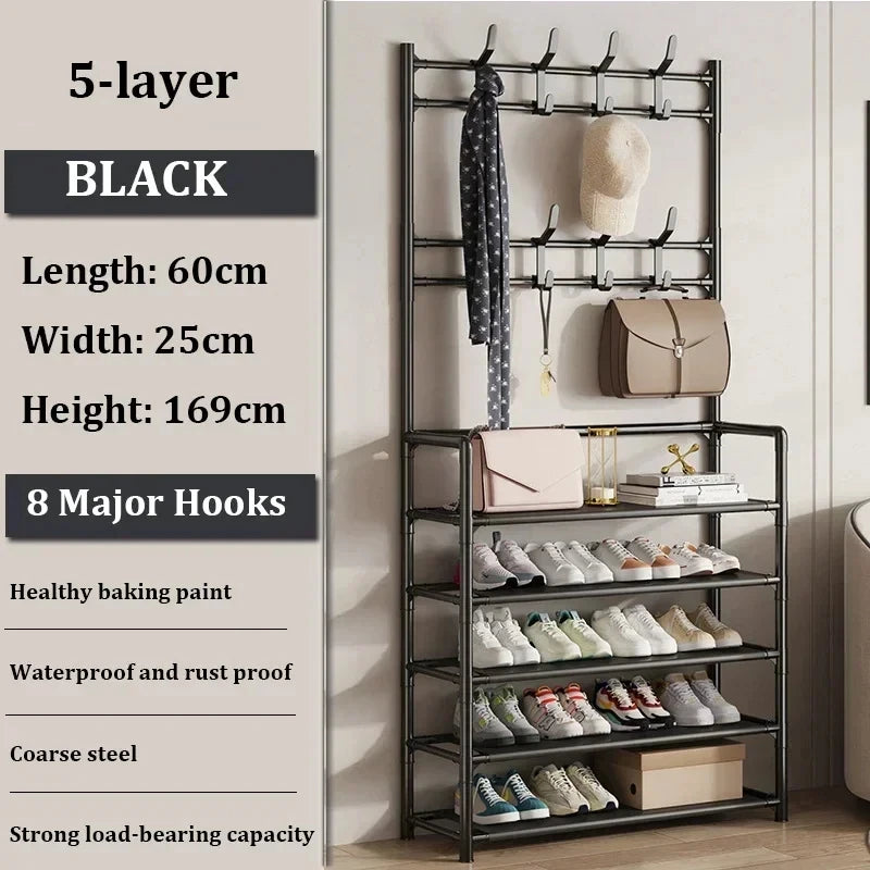 The shoe rack design allows easy access to shoes and accessories, demonstrating its user-friendly features.