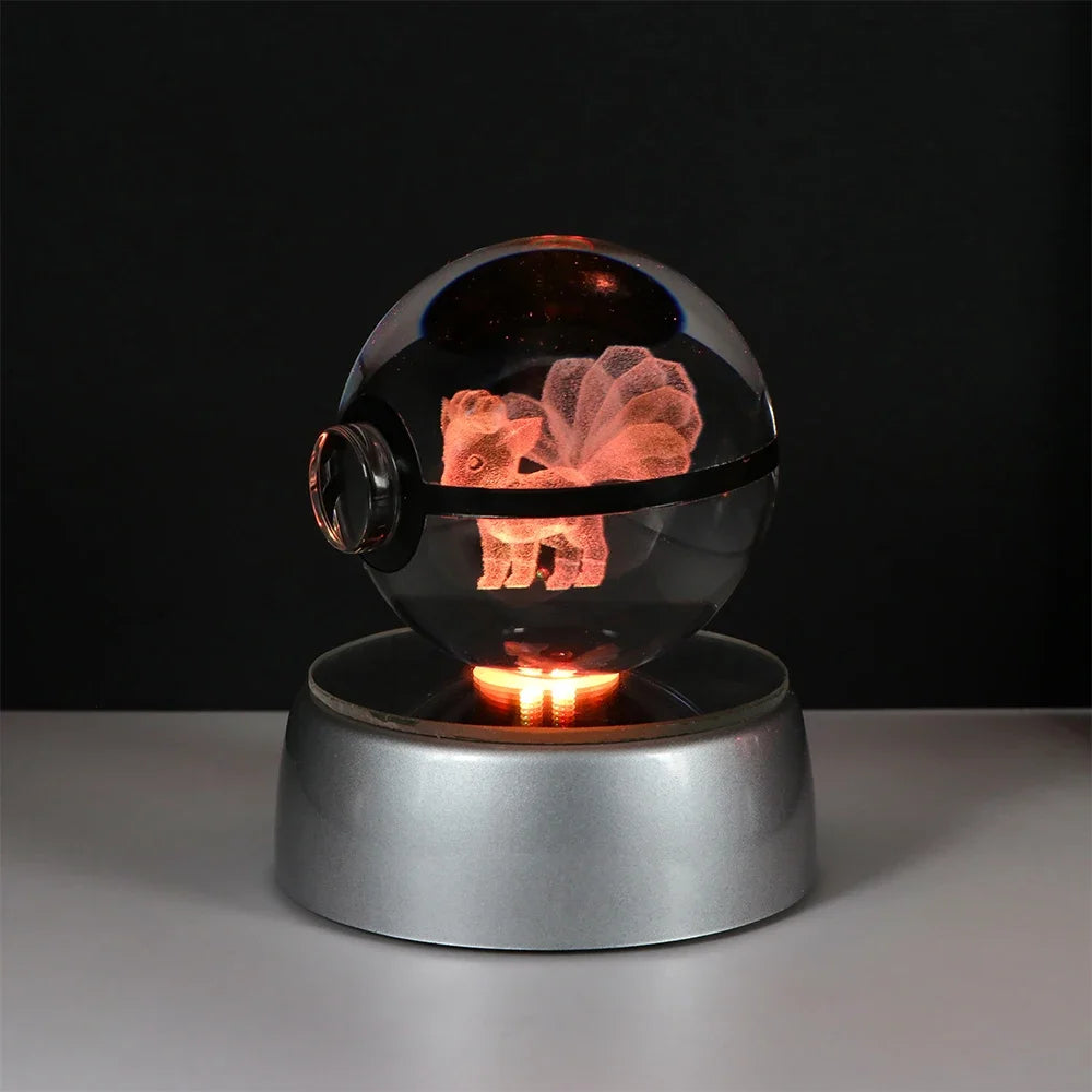 Eevee Pokémon 3D LED crystal ball night light with a sleek display stand for bedroom decor.