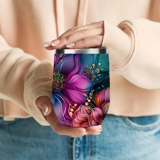 Stainless steel floral insulated coffee cup with secure lid, double-wall vacuum insulation ideal for camping, travel, office, and everyday use