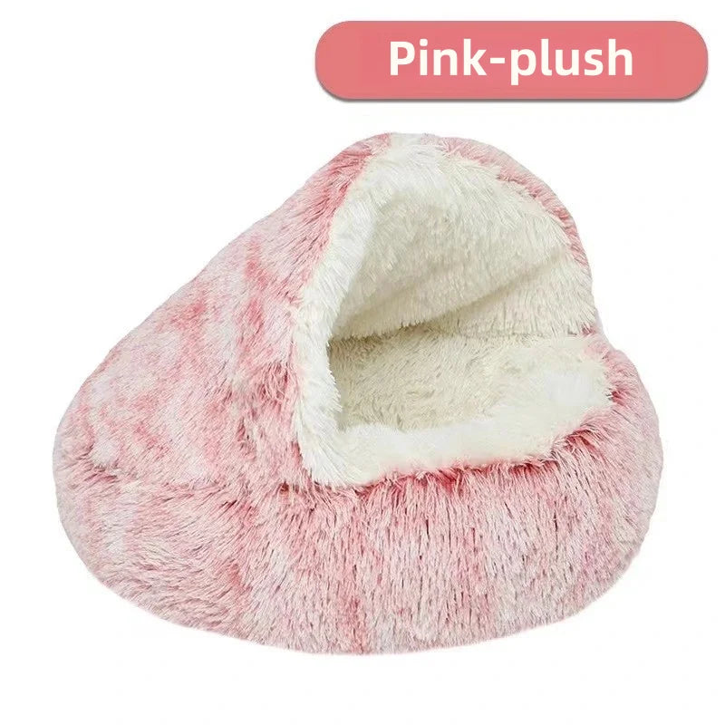 Fluffy semi-closed pet nest made from soft plush fabric, perfect for cozy cat naps.