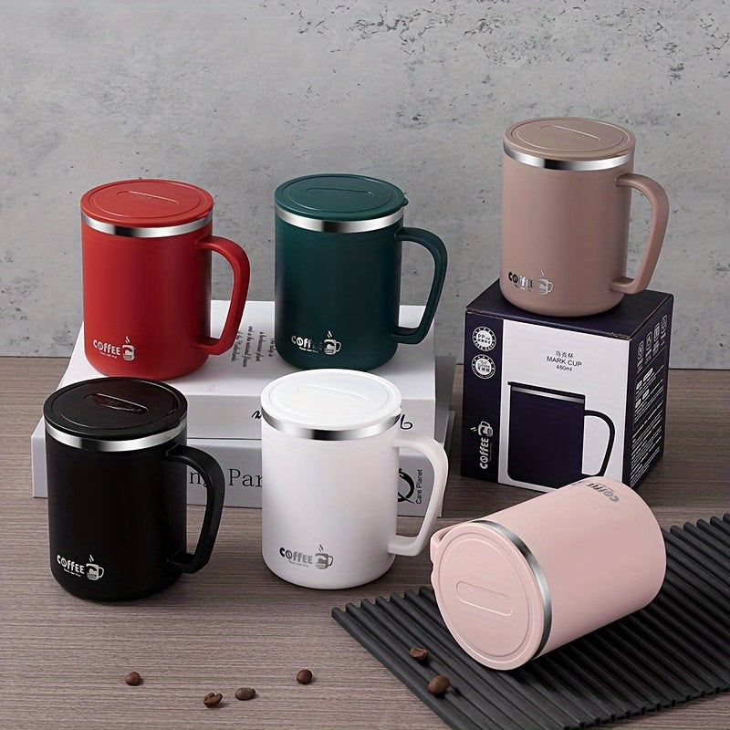 Sleek stainless steel coffee mug with a sealable lid, designed for leak-proof performance and stylish sipping at home or on the go.