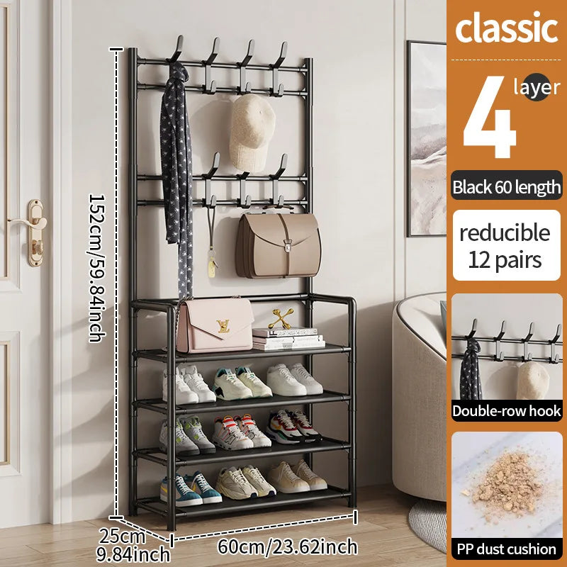 The shoe rack placed in a living room, emphasizing its elegant and practical design for home use.