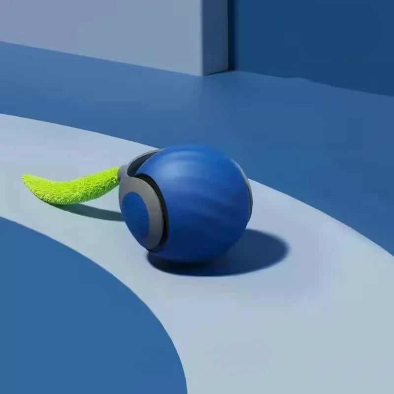 Automatic rolling cat toy with feather teaser, designed for fun, active, and engaging pet playtime.