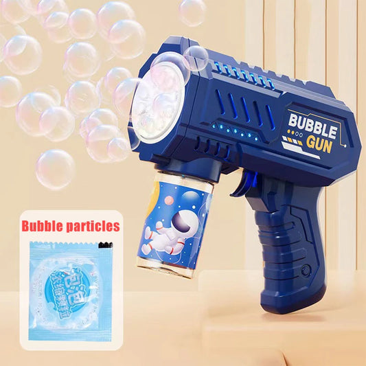 Kids’ bubble machine with included bubble liquid, designed for beach play, backyard fun, and interactive games.
