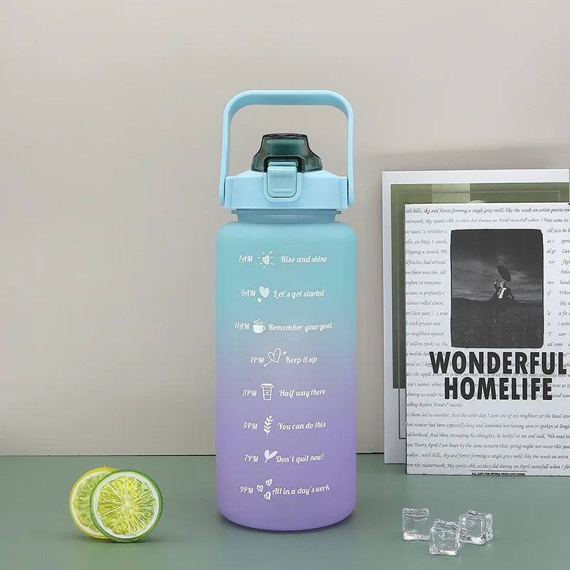 Side view of the 2L large-capacity sports water bottle with measurement scale and durable BPA-free plastic material.