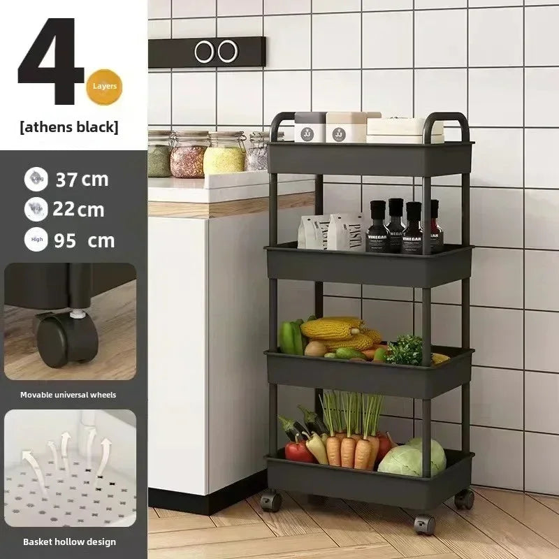 Mobile storage rack in the bathroom, neatly organizing toiletries and bathroom supplies. A practical addition to any home for efficient storage.