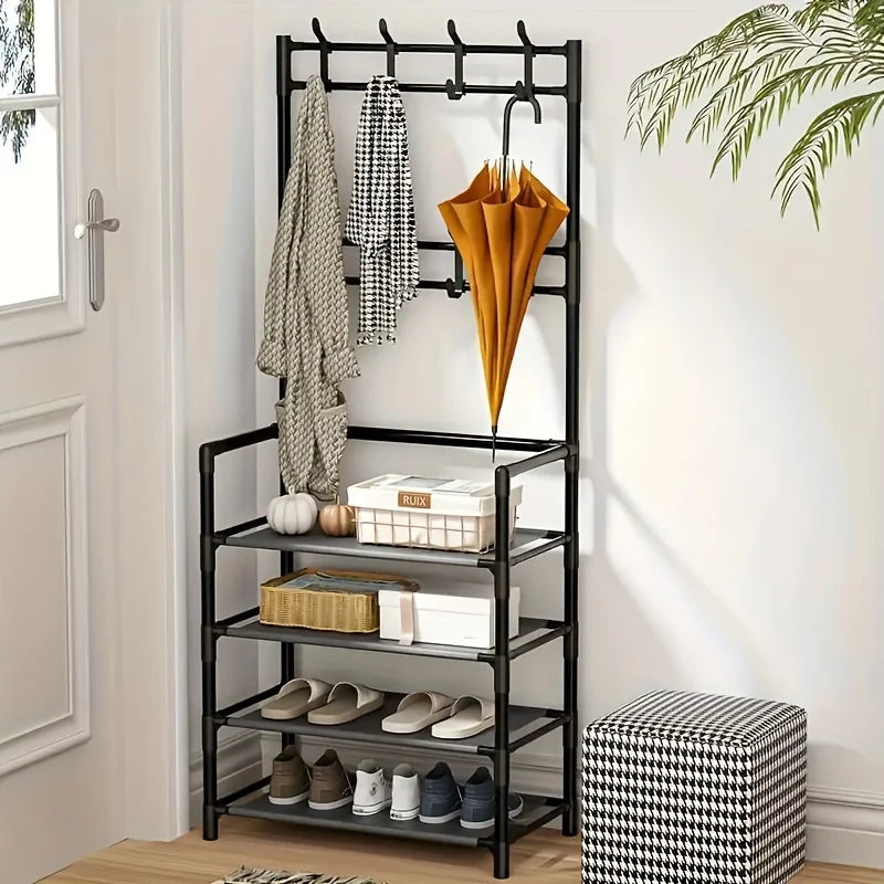 Front view of the multi-tier shoe rack organizer, showcasing its space-saving design for shoes and accessories.