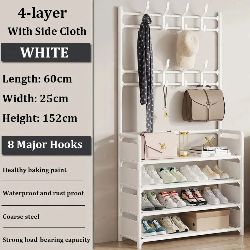 Multi-tier shoe rack with shoes, hats, and coats displayed, showing the multifunctional storage features.