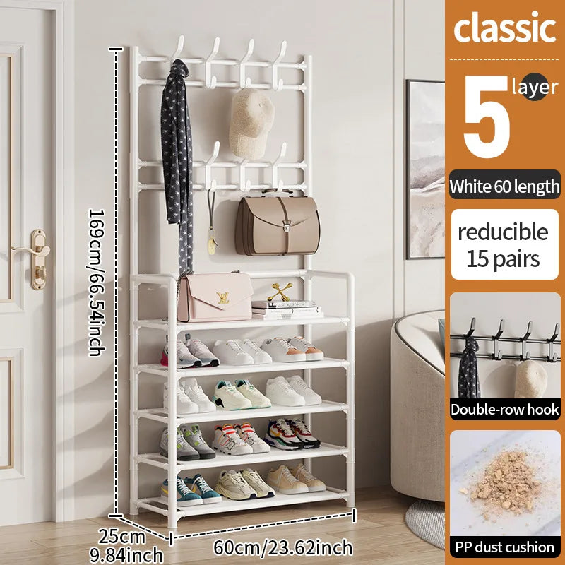 Labels on each tier of the shoe rack, showing how different compartments can be used for various items.