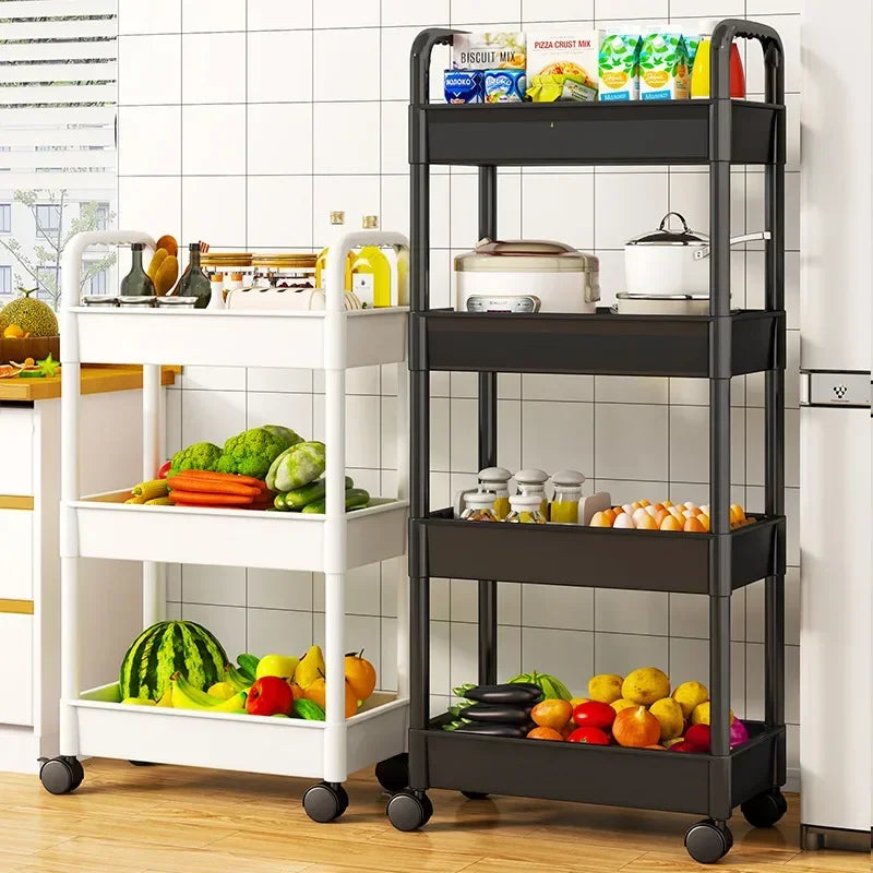 Versatile multi-layer mobile storage rack with a sleek design, perfect for organizing kitchen, bathroom, or snack items. Easy to move for convenience.