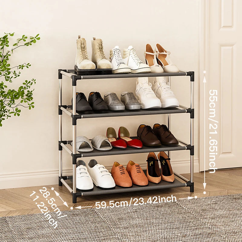 Multi-tier metal shoe rack offering efficient vertical storage to maximize space in bedrooms, hallways, or closets.