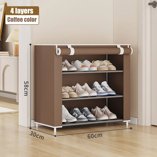 Open cabinet showing multiple tiers with neatly organized shoes.