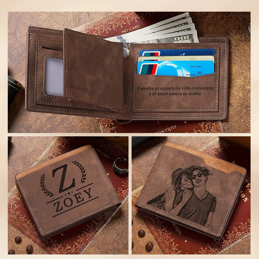 Inside view of personalized men’s wallet showing custom photo and card slots, perfect for boyfriends and dads.