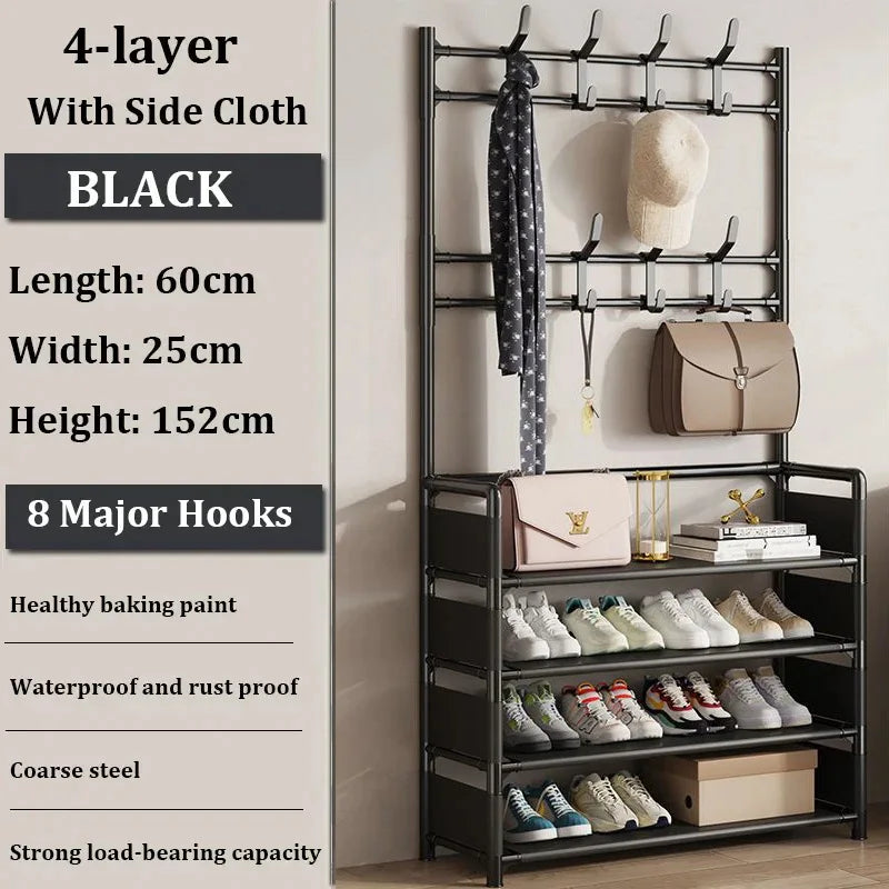 Shoes and coats neatly arranged, illustrating the multi-tier shoe rack’s functionality for various storage needs.