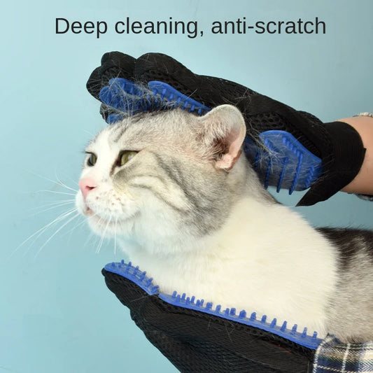 Silicone grooming gloves effectively removing loose fur and dirt from pets during brushing.