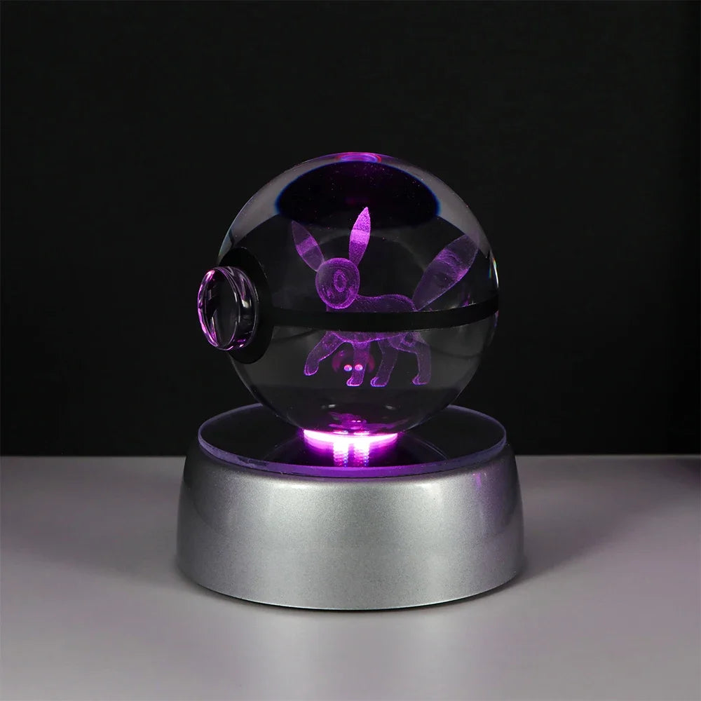 Pikachu 3D crystal ball LED night light used as a decorative piece for a cozy bedroom setup.