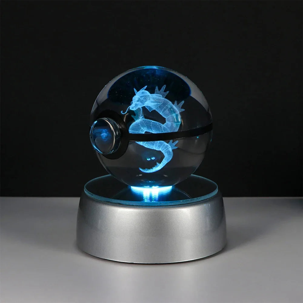 Pikachu 3D crystal ball placed on a multicolor LED base, ideal for anime fans and kids’ rooms.