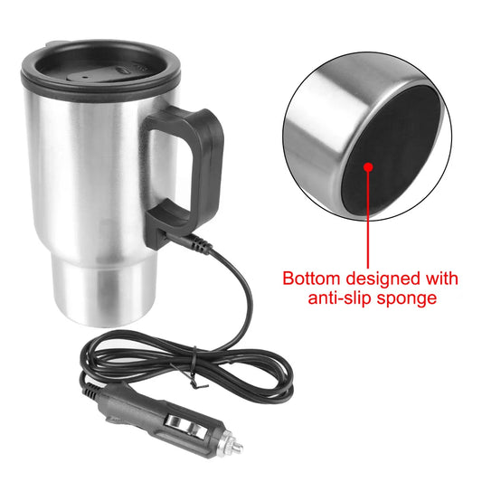 Portable 12V electric car kettle with 450ml capacity, designed for easy heating of beverages while driving or camping outdoors.