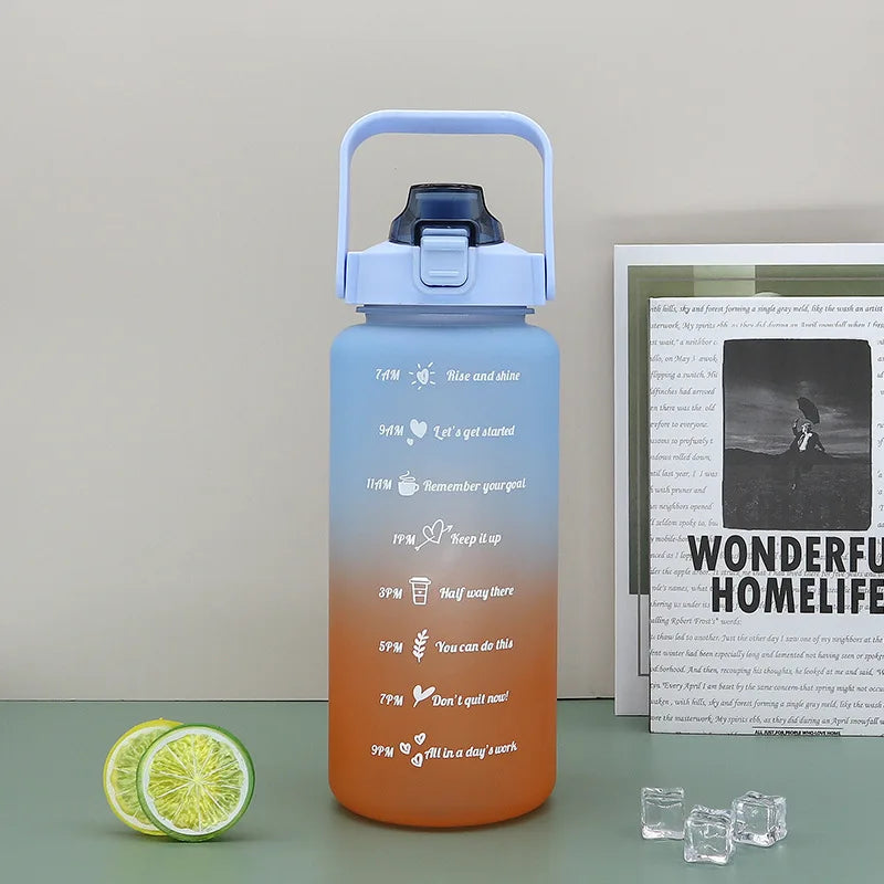 Portable 2L sports water bottle featuring a built-in straw and leakproof flip-top lid, perfect for gym and outdoor adventures.