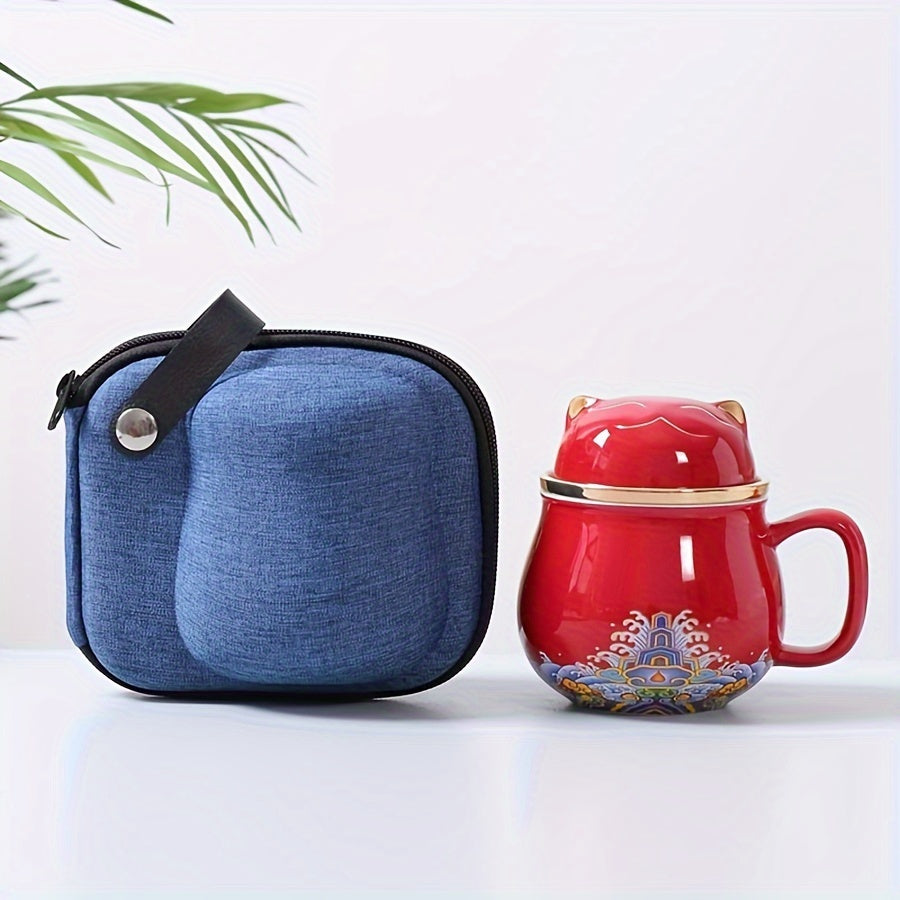 Chinese Fortune Cat tea mug with protective travel bag for portable and stylish tea enjoyment.