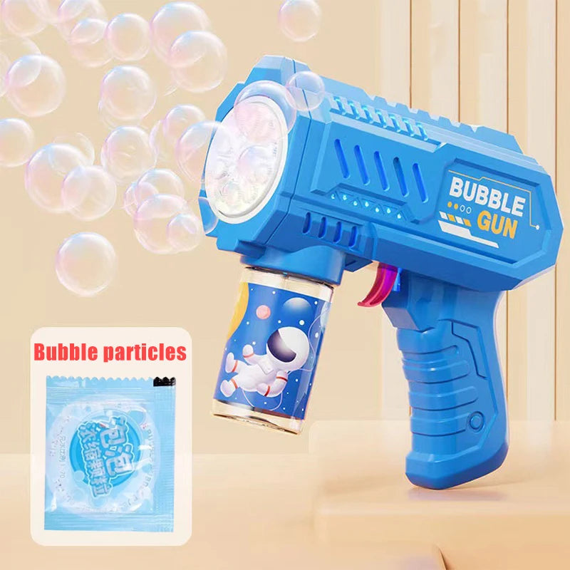 Powerful automatic bubble gun with high-speed blower, creating a continuous stream of bright, floating bubbles.
