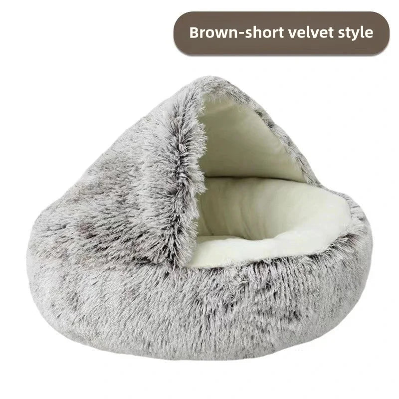 Semi-enclosed plush pet bed offering a warm, secure, and cozy sleeping space for pets