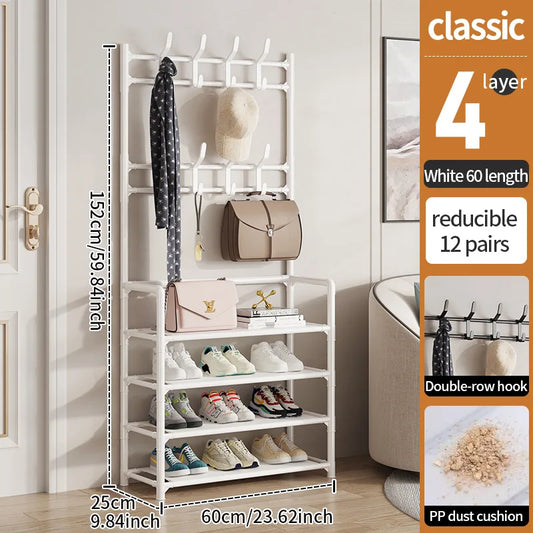 Side angle view of the multi-tier shoe rack, displaying the structure and compartments for easy access to shoes