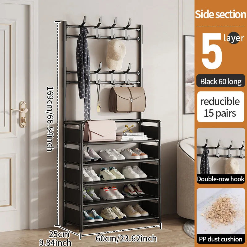 The shoe rack placed in an entryway, efficiently organizing shoes and outerwear in a neat and tidy manner.