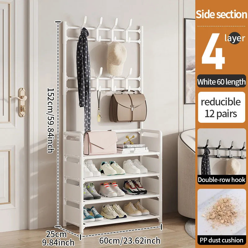 The multi-tier shoe rack placed in a dorm room, illustrating how it fits perfectly in tight spaces for efficient storage.