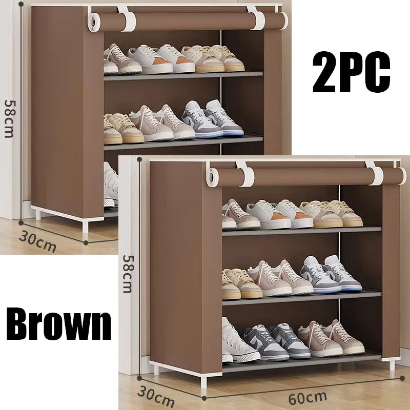 Shoe cabinet placed in a hallway, fully assembled and holding various types of shoes.