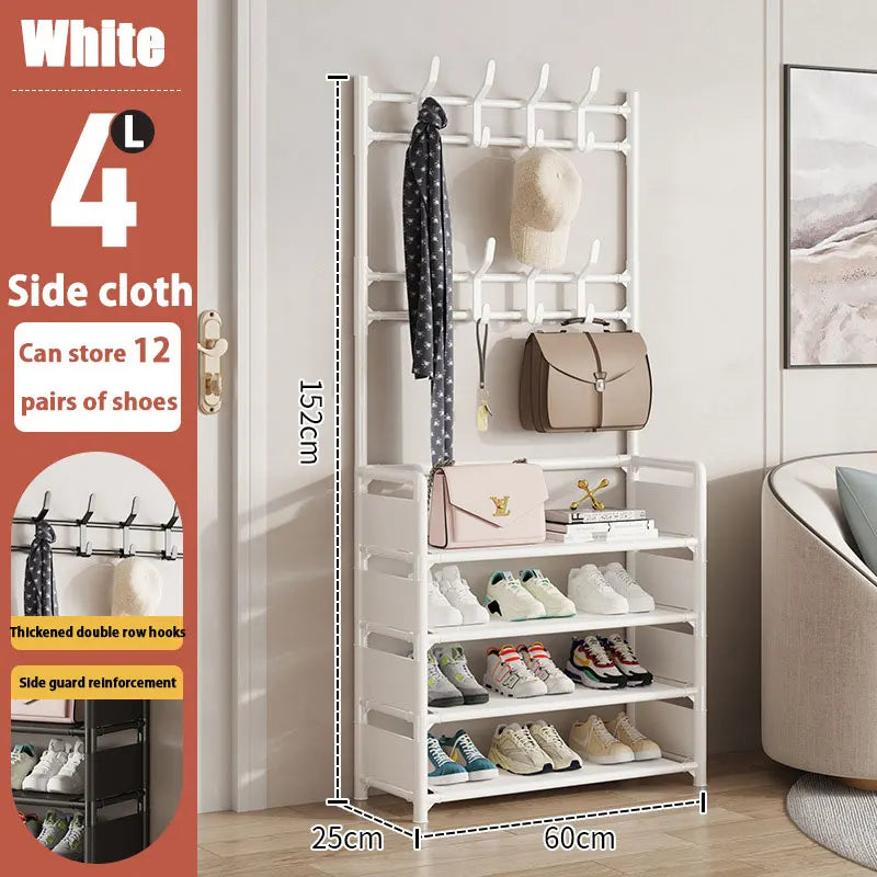The multi-tier shoe rack used in a family home, showing how it can store shoes and outdoor gear.
